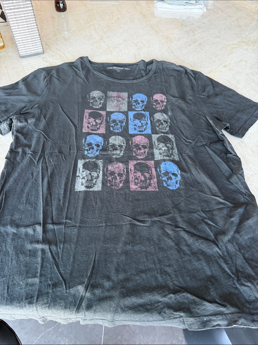 John Varvatos Black Short-Sleeve Tee with Pink & Blue Skull Grid